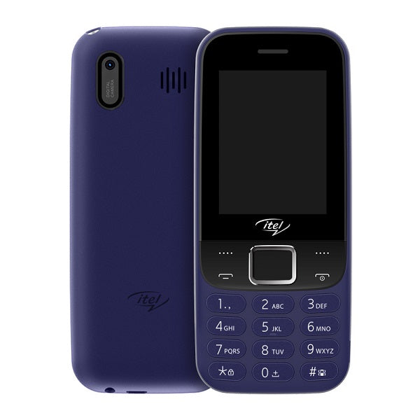 A dark blue itel 5081 feature phone with a 2.4-inch display showing the front keypad and camera, and the back side with the battery cover open.